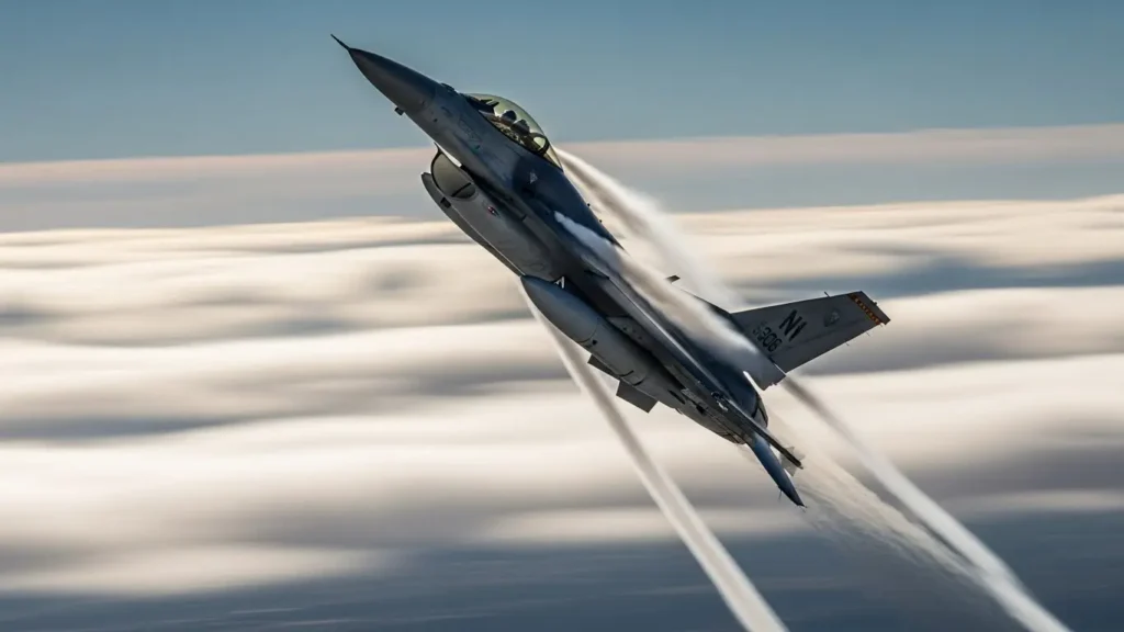 急旋回を行い、主翼からベイパー(水蒸気)を引くF-16戦闘機。優れた旋回性能とドッグファイトにおける機動性の高さを強調する画像
