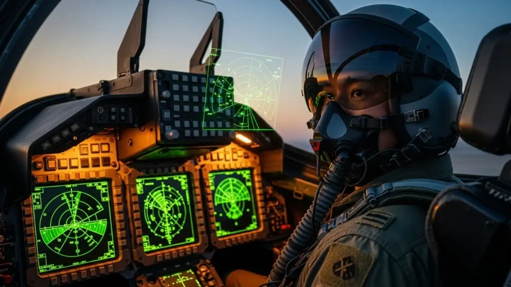 戦闘機のコックピット内で計器類とHUDを確認する日本人パイロット。F-15の強力なレーダー性能と高度なアビオニクスを象徴する画像