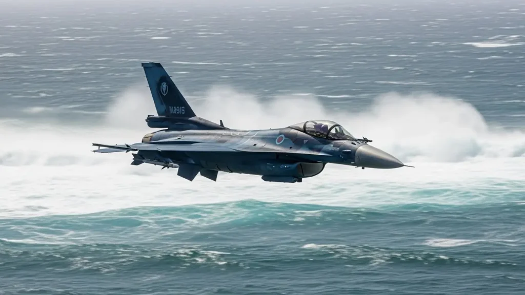 海面すれすれを高速で飛行する洋上迷彩のF-2戦闘機。低空での優れた加速性能と対艦攻撃任務をイメージさせる画像