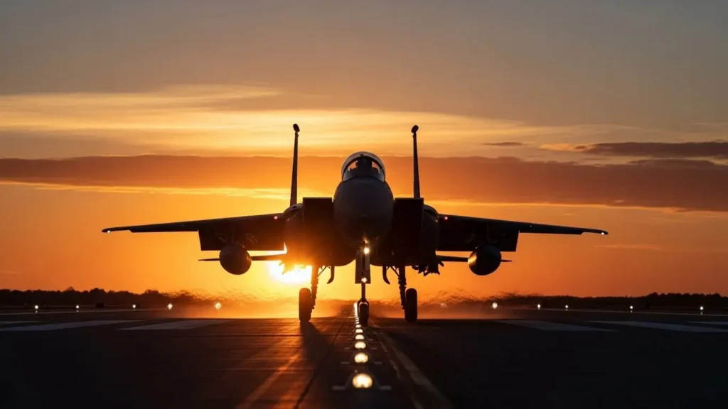 夕暮れの滑走路に着陸するF-15戦闘機のシルエット。数多くの実戦を生き抜き、高い撃墜記録と生存率を誇る「最強の戦闘機」の威厳を表現