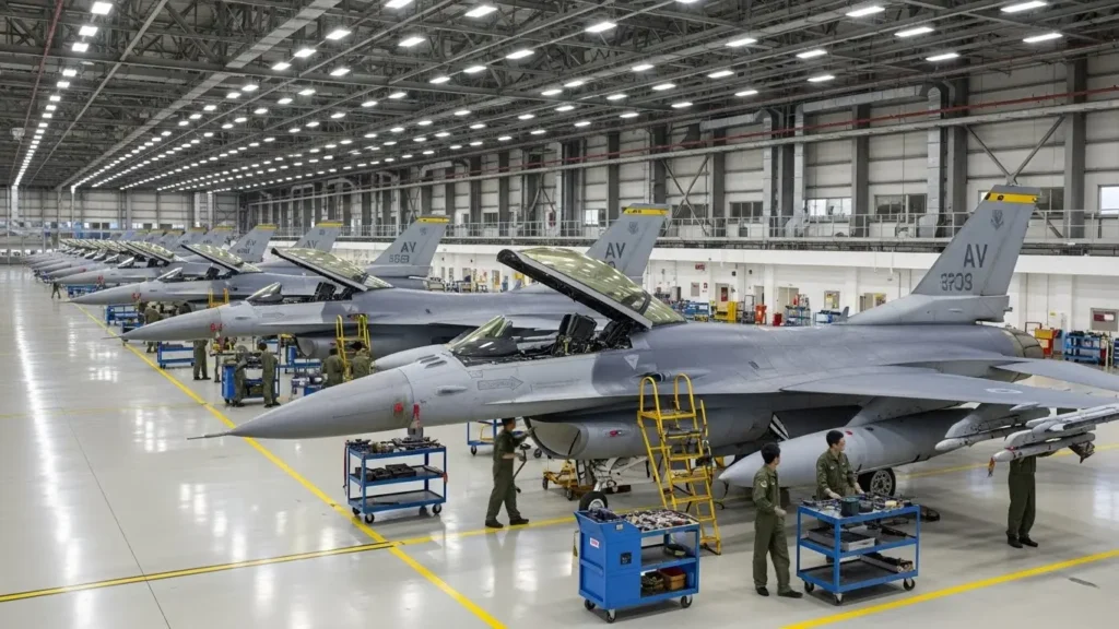 格納庫内で整備を受ける複数のF-16戦闘機。調達コストの安さと、数を揃えて運用できる戦略的な優位性を表現した画像