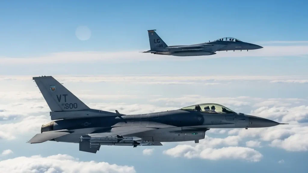 高高度を飛ぶF-15と低高度を飛ぶF-16の連携飛行。質を重視するハイ・ミックスと量を重視するロー・ミックスの戦略的役割分担を視覚化した画像