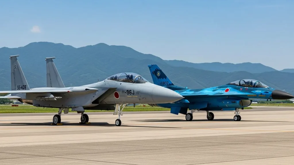 駐機場に並ぶ航空自衛隊のF-15JとF-2戦闘機。日本の空を守るための要撃(F-15)と対艦攻撃(F-2)という役割分担と協力を象徴する画像