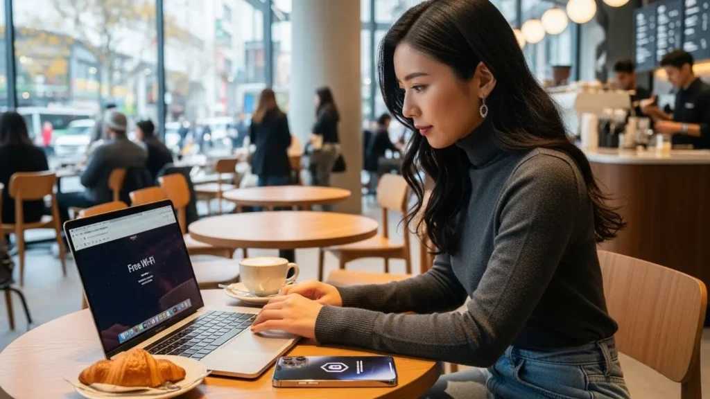 カフェのフリーWi-Fi環境で、iCloudプライベートリレーをオンにして安全にインターネットを利用する日本人女性。公衆Wi-Fiでのセキュリティ強化を視覚化。