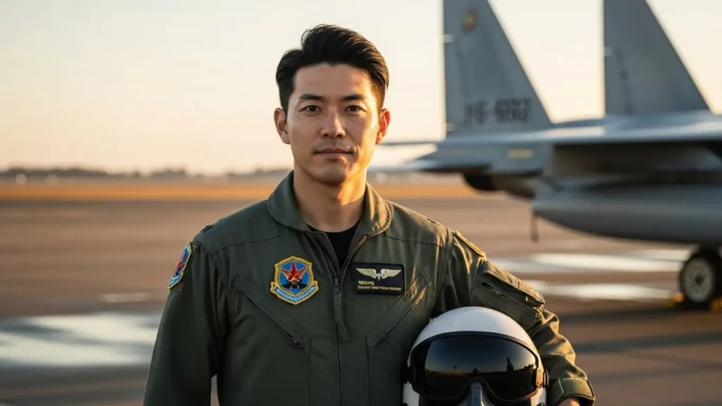 戦闘機を背に自信に満ちた表情で立つ日本人パイロット。F-15とF-16それぞれの特性を理解し、任務に応じて使い分けるプロフェッショナルの信頼感を表現