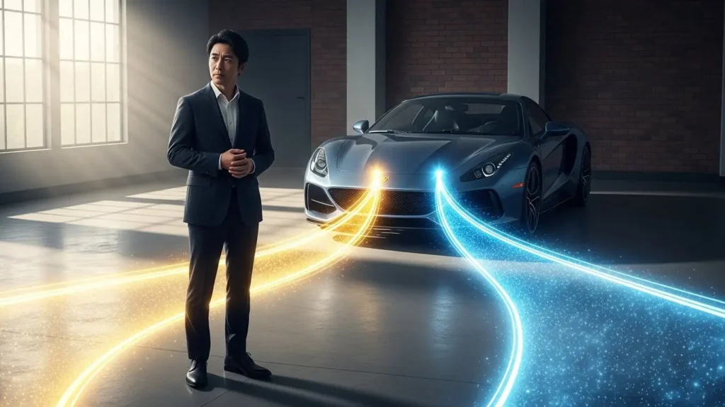 車のナンバープレート選びで8358と3588のどちらにするか悩んでいる日本人男性と運命の分岐点