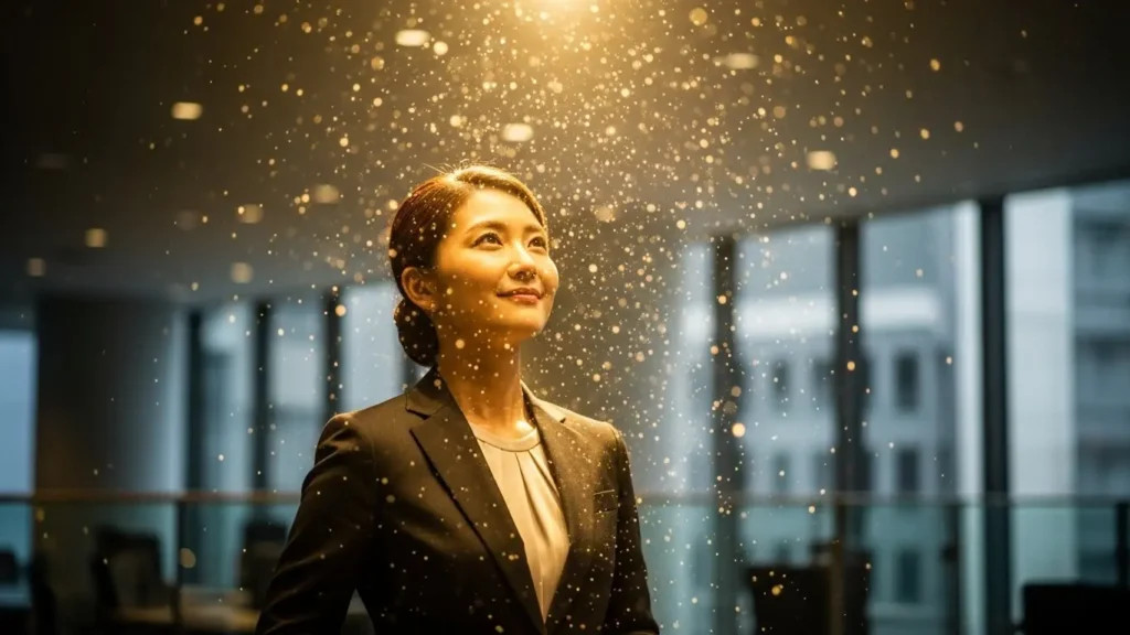 エンジェルナンバー3588がもたらす金運上昇とビジネスでの成功をイメージした日本人女性