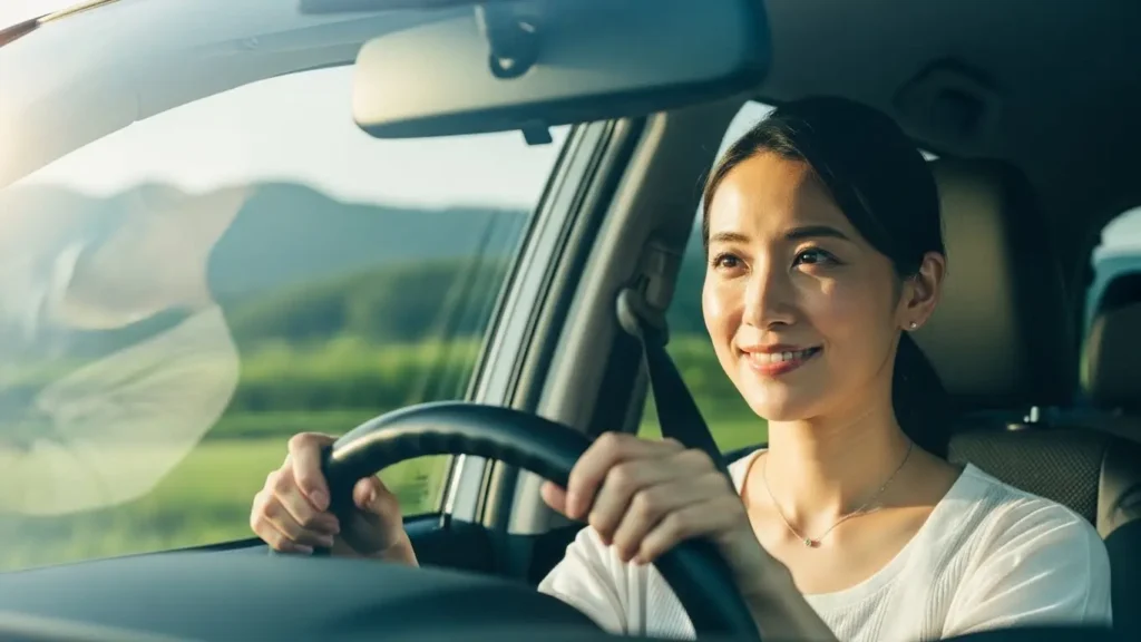 穏やかな表情で安全運転をする日本人女性ドライバー