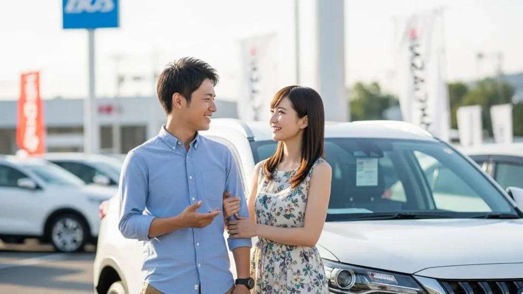 自分たちに合った車のナンバーを相談して決める日本人夫婦