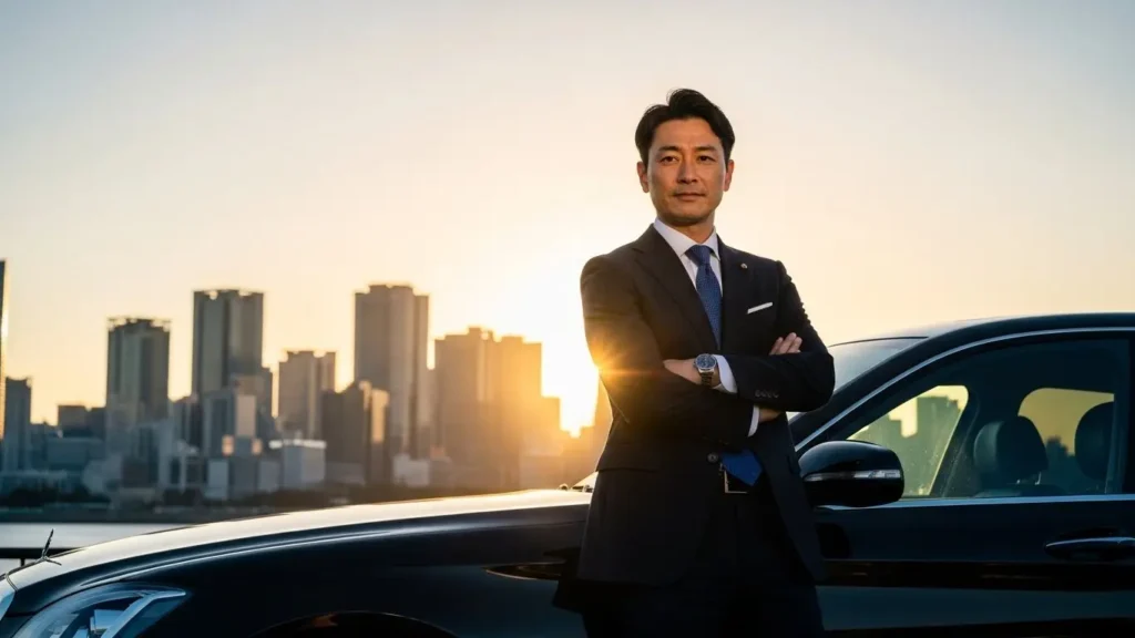 事業拡大と成功を目指す経営者にふさわしい高級車と自信に満ちた日本人男性