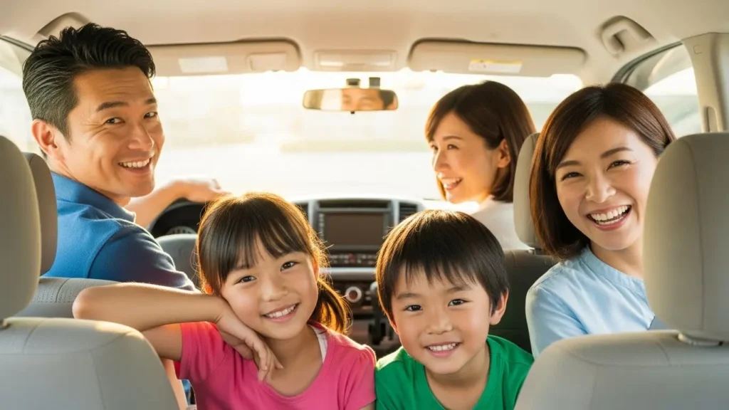 家庭円満と交通安全を願うファミリー層に最適な車内での笑顔の日本人家族